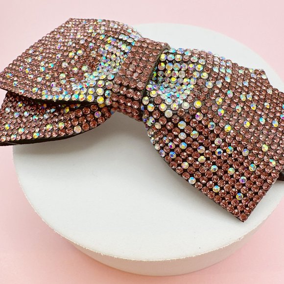 Pink Rhinestone Bow Tie Hair Barrette Medium Size - Picture 3 of 7